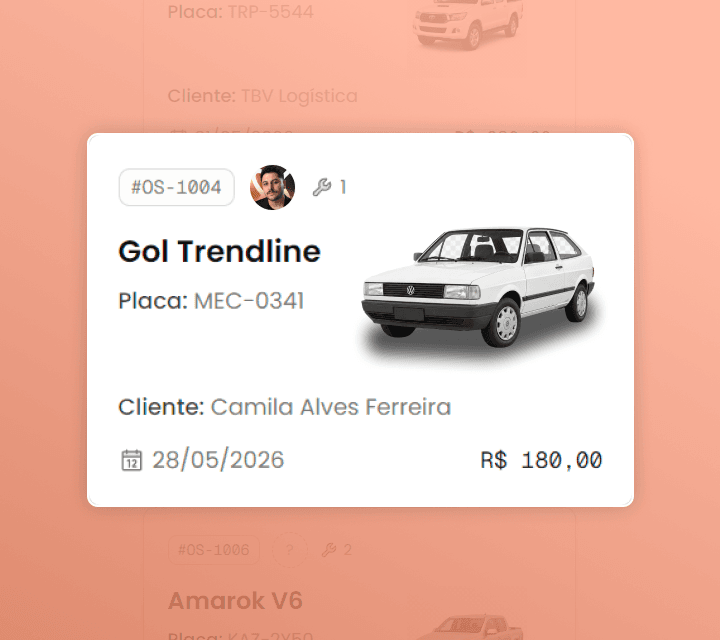 Card de ordem de serviço (Gol Trendline) destacado no kanban de gestão de pátio